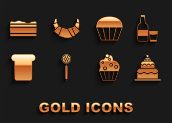 Set Strainer spoon, Glass bottle with milk and glass, Cake, Cupcake, Bread toast, Muffin, Brownie chocolate and Croissant icon. Vector