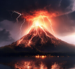 Volcano at sunset. Volcano Eruption. Volcano erupting fire, hot lava smoke and gases into the atmosphere. 