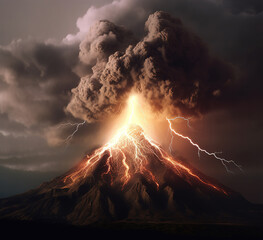 Volcano at sunset. Volcano Eruption. Volcano erupting fire, hot lava smoke and gases into the atmosphere. 