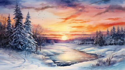 Winter landscape wallpaper with pine forest covered with snow and scenic sky at sunset, watercolor 
