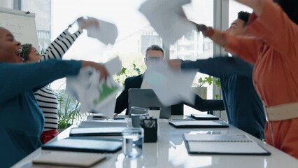 Happy people throw papers in meeting success, winning or business celebration news, goals and high five or applause. Winner team, woman and CEO yes, wow and documents in air, profit or excited bonus