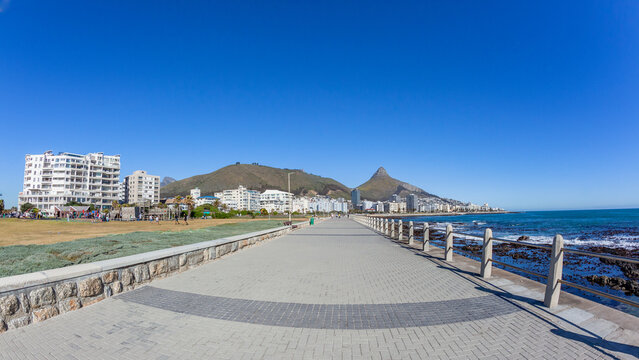 Cape Town Atlantic Ocean Coastline Walking Promenade Sea Point Buildings Lions Head Landscape.