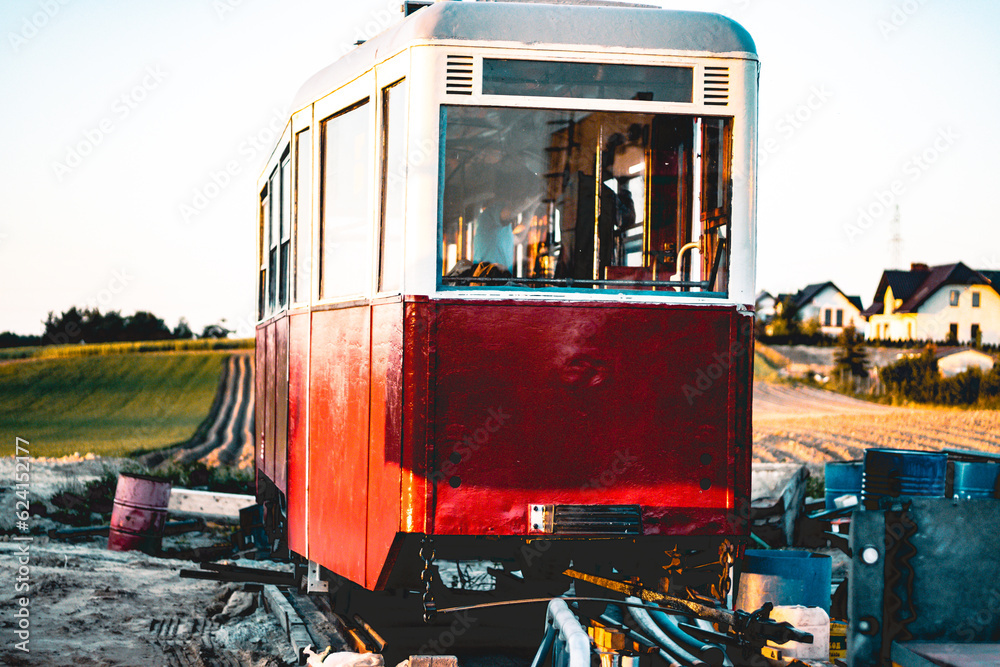 Wall mural old red and white tram from the 1960s.