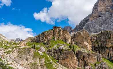 Fototapeta premium Beautiful alpine landscape near the Vajolet Towers in Trentino Alto Adige, northern Italy.