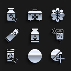 Set Medicine bottle, pill or tablet, IV bag, and pills, Ointment cream tube medicine, Emergency star medical symbol Caduceus snake with stick and icon. Vector