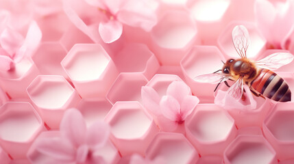 Honey bee and pink flower on hexagonal honeycomb background.