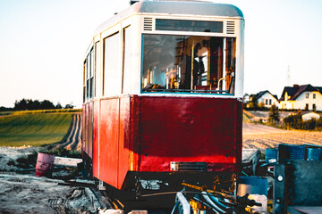 Old red and white tram from the 1960s.