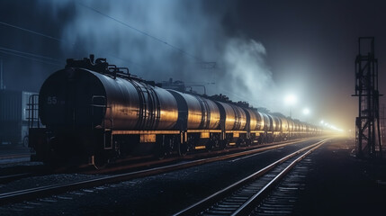 Fototapeta na wymiar railway wagons tanks with fuel on the rails, haze and fog, night light of a lantern. ai generative