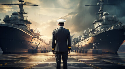 naval admiral stands on the pier in front of a warship.ai generative