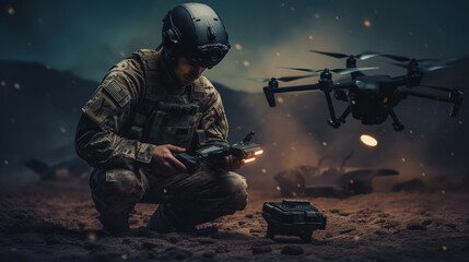 Fototapeta na wymiar Modern drone in hands of soldier army. Military use of quadcopters in war. ai generative