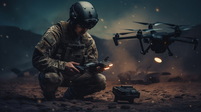 Modern drone in hands of soldier army. Military use of quadcopters in war. ai generative