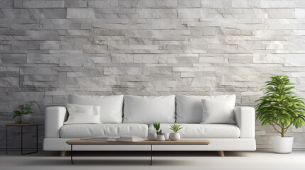 Cozy white sofa against marble stone wall. Interior design of modern living room.ai generative