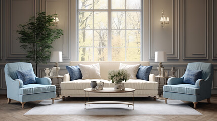 Beige and blue sofas against window in classic room. Interior design of modern living room.ai generative