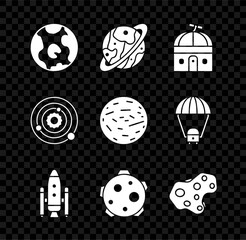 Set Earth globe, Planet Saturn, Astronomical observatory, Space shuttle and rockets, Asteroid, Solar system and Venus icon. Vector
