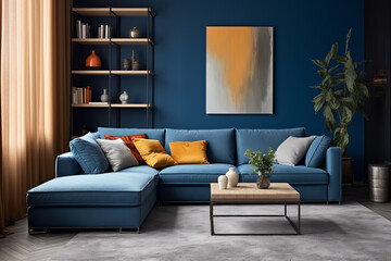 corner sofa in room with dark blue walls. Interior design of modern living room.ai generative