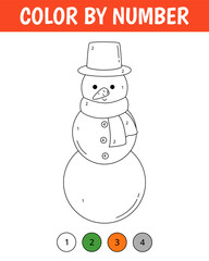 Color by number game for kids. Cute snowman. Christmas coloring page. Printable worksheet with solution for school and preschool. Learning numbers activity.