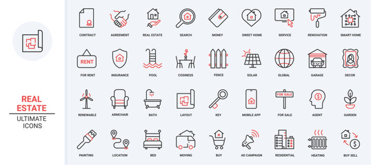 Vector illustration red black thin line icons set real estate, including rent, sale deals, mortgage contract property, family home apartment, garage