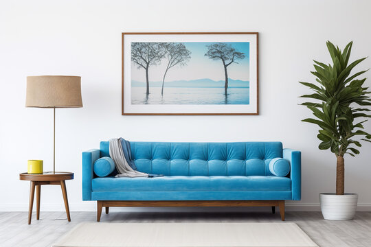Blue sofa against white wall with art poster frame. Mid century style interior design of modern living room.ai generative
