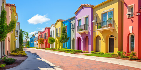 Fototapeta na wymiar Colorful stucco traditional private townhouses. Residential architecture exterior.ai generative