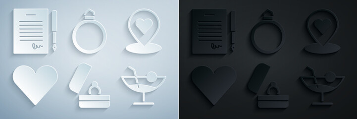 Set Wedding rings, Location with heart, Heart, Cocktail, Diamond engagement and Marriage contract icon. Vector