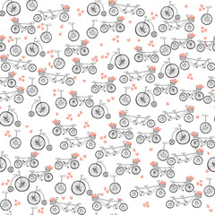 estampado de dibujos de bicicletas, tandems y monociclos, vector de garabatos de bicicletas retro