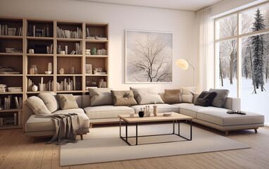 Scandinavian interior design of modern spacious living room.ai generative