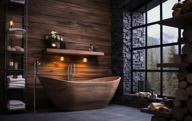 Rustic interior design of modern bathroom with wooden wall and bathtub decorated with solid wood slab.ai generative