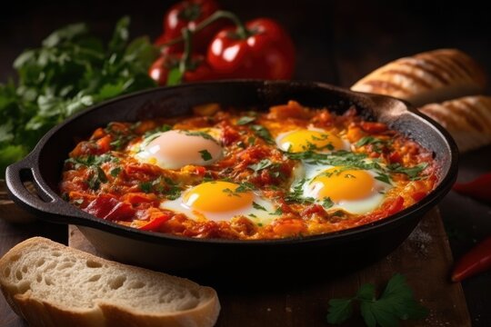 Shakshuka a traditional dish of eggs tomatoes and peppers with the addition of aromatic spices and fresh parsley in a cast iron skillet, close up. Image generated by artificial intelligence