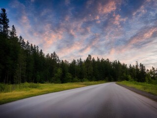 Naklejka premium way sky clouds street forest twilight highway