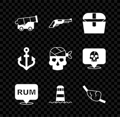 Set Cannon, Vintage pistol, Antique treasure chest, Alcohol drink Rum, Lighthouse, Pirate eye patch, Anchor and captain icon. Vector