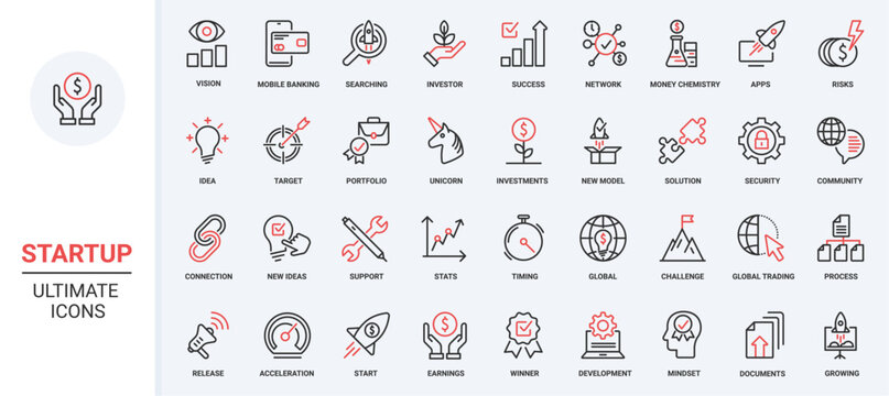 Startup technology trendy red black thin line icons set vector illustration, success ideas finance project development, vision solution trading, statistics graph growth, banking security support