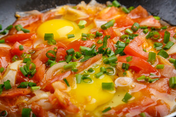 hot shakshuka sprinkled with green onions and spices close-up.