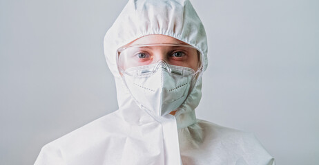 Air pollution. Protection equipment. Man made disaster. Environmental engineer scientist woman in...