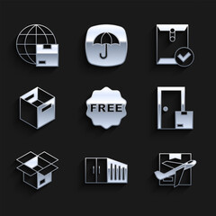 Set rice tag with Free, Container, Plane and cardboard box, Home delivery services, Unboxing, Carton, Envelope check mark and Worldwide shipping icon. Vector