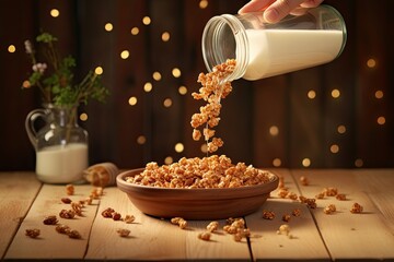 Obraz na płótnie Canvas Female hand holding glass bottle pouring milk in cereal granola flakes bowl with nuts seeds raisins on brown wooden table background, healthy breakfast lifestyle concept, home muesli food oat meal. 