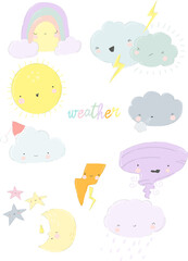Cute Weather Set. Emotional Weather Forecast. Cute Sun and Happy Clouds. Vector Set