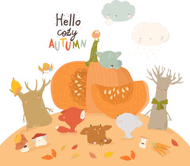 Cartoon Funny Animals with Big Pumpkin in Autumn Forest. Vector Illustration