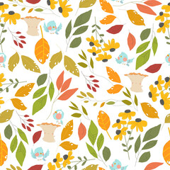Vector Seamless Pattern with Autumn Leaves, Flowers, Mushroom