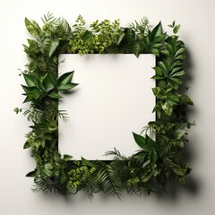 Mockup frame, An artistic arrangement featuring a wooden frame, adorned by a lush plant playfully tracing its edges. Generative AI