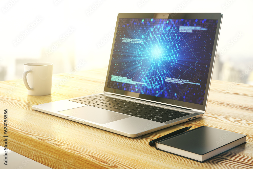 Aufkleber creative code skull sketch on modern laptop monitor, theft of personal data and malware concept. 3d 