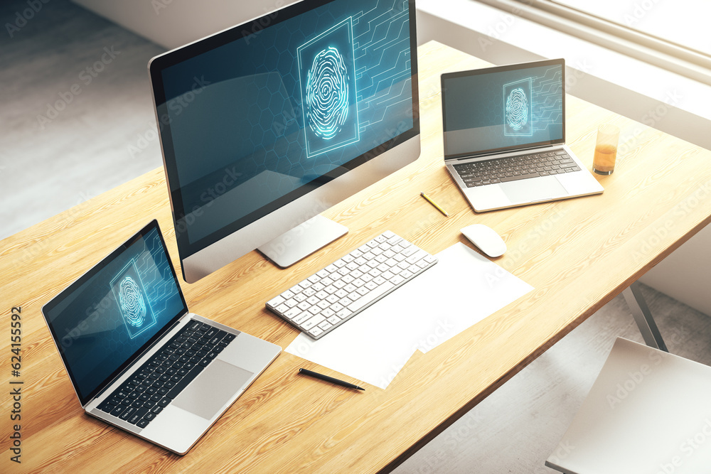 Poster Abstract creative fingerprint hologram on modern computer monitor, protection of personal information concept. 3D Rendering