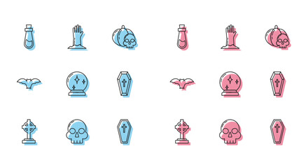 Set line Tombstone with cross, Skull, Bottle potion, Coffin christian, Magic ball, Flying bat and Zombie hand icon. Vector