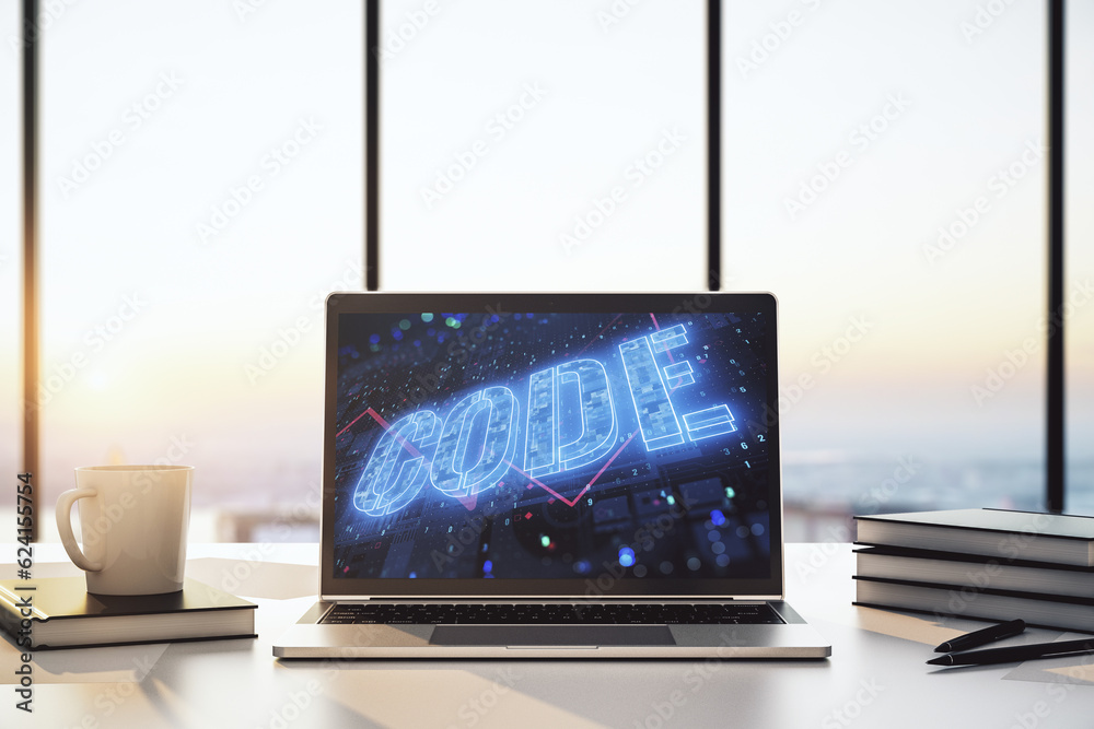 Fototapete creative code word sign on modern computer monitor, international software development concept. 3d r
