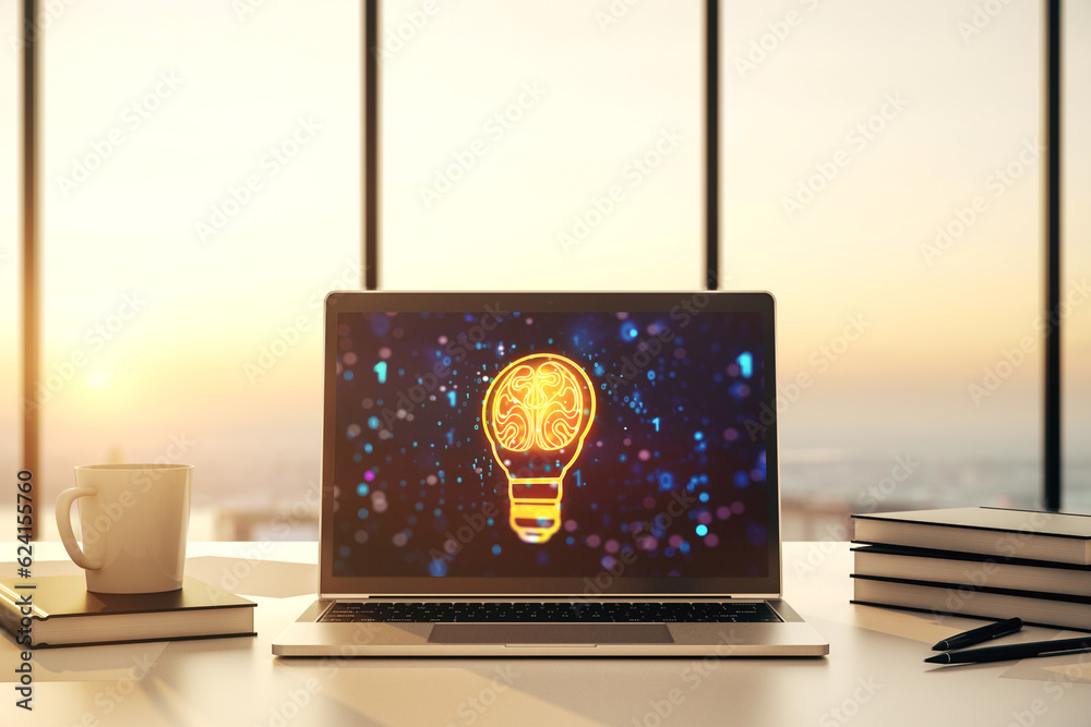 Aufkleber Modern computer monitor with creative light bulb hologram with human brain, idea and brainstorming concept. 3D Rendering