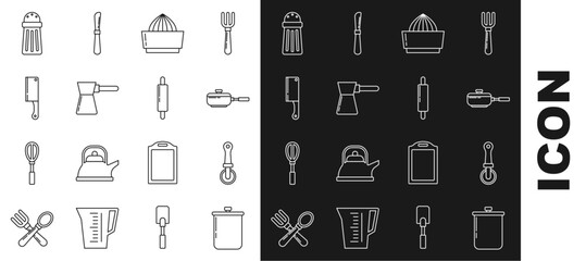 Set line Cooking pot, Pizza knife, Frying pan, Citrus fruit juicer, Coffee turk, Meat chopper, Salt and Rolling pin icon. Vector