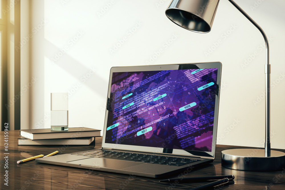 Poster modern computer display with abstract software development hologram and world map, global research a