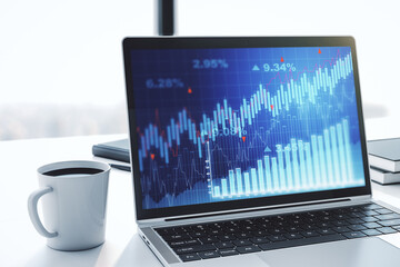 Abstract creative financial graph on modern laptop monitor, forex and investment concept. 3D Rendering