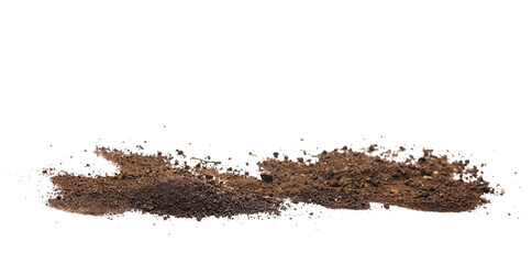 Pile dirt, soil scattered isolated on white, clipping path