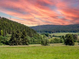 View of the Thuringian Forest low mountain range in Germany