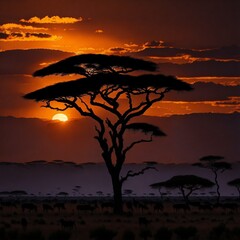 Kenya, Narok, Masai Mara National Park, African sunset landscape